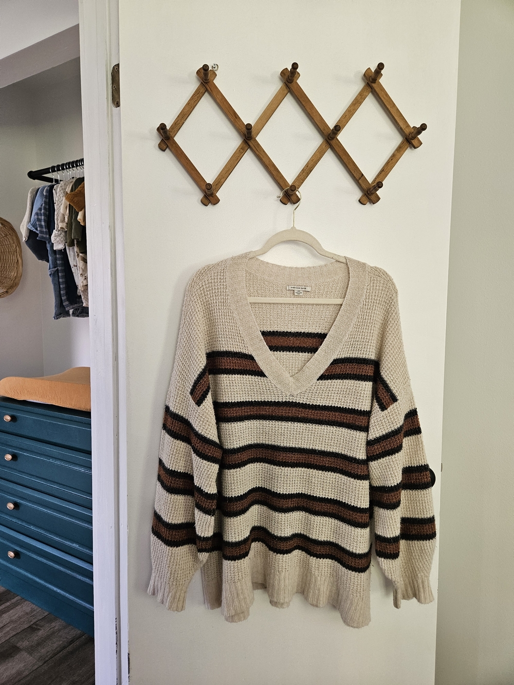 American Eagle Outfitters Cream Sweater with Brown & Black Stripes